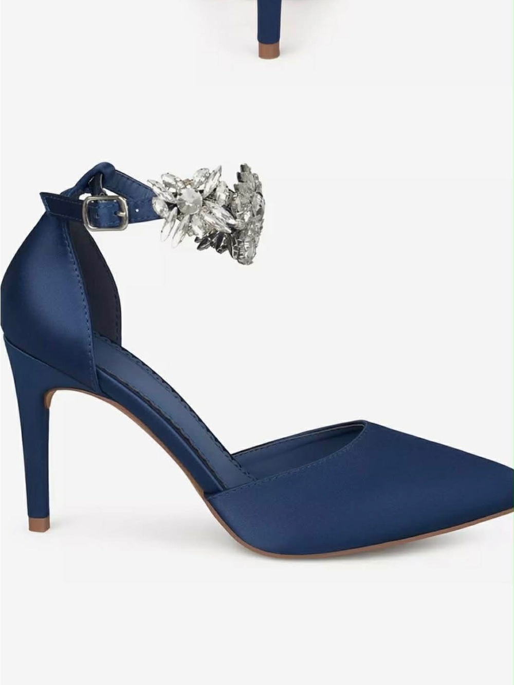 New, Navy Pointed-Toe Ankle-Strap Stiletto Heels with Crystal Accent - Picture 5 of 10